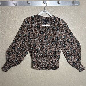 EUC Rachel Zoe Black and Brown Patterned Blouse With Bell Sleeves